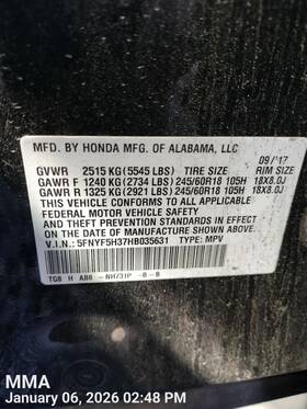 165.ho1517 Honda Left Quarter Moulding Oem 2017 Pilot